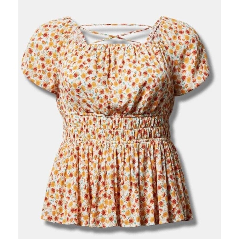 NEW Torrid Crinkle Gauze Criss Cross Back Top Floral Plus Size 3X (22/24) Sunset